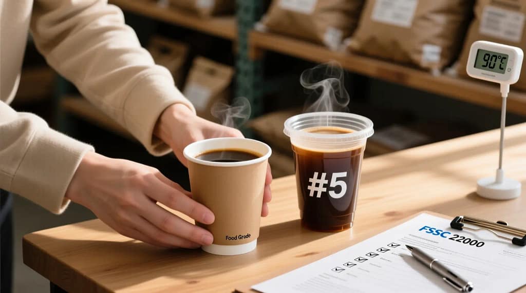 Tangan memegang paper cup dan plastic cup food grade dengan label #5 dan 'Food Grade', disertai termometer 90°C dan dokumen sertifikasi FSSC 22000 — menunjukkan keamanan kemasan kopi panas.