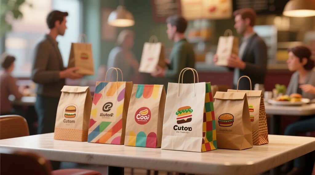 Kantong kertas custom untuk F&B dengan desain berwarna-warni dan logo brand, diletakkan rapi di atas meja restoran. Paper bag anti bocor dan tahan minyak, ideal untuk makanan takeaway dan delivery. Solusi kemasan ramah lingkungan yang estetik dan fungsional.
