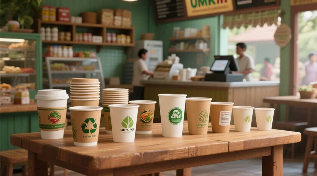 Berbagai jenis paper cup food grade dengan desain ramah lingkungan dan label keamanan pangan, tersusun rapi di meja kafe. Cocok untuk minuman panas dan dingin, aman digunakan dalam industri F&B.