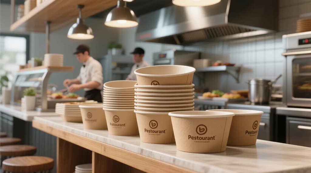 Tumpukan paper bowl kemasan makanan di meja dapur restoran, siap untuk pengiriman pesanan. Kemasan ramah lingkungan dengan desain minimalis untuk usaha kuliner modern.