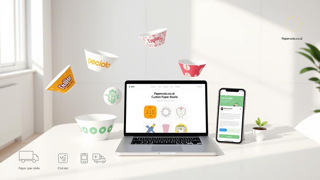 Meja kerja modern dengan laptop yang menampilkan situs web Paperocks.co.id, spesialis dalam pembuatan paper bowl custom. Di sebelahnya terdapat smartphone yang menunjukkan aplikasi terkait. Paper bowl dengan desain unik mengapung di udara, menciptakan suasana kreatif dan inovatif. Ruangan dilengkapi dengan tanaman hias kecil dan ikon layanan seperti pengiriman dan pemeriksaan kualitas, menekankan pada profesionalisme dan keandalan dalam penyediaan produk.