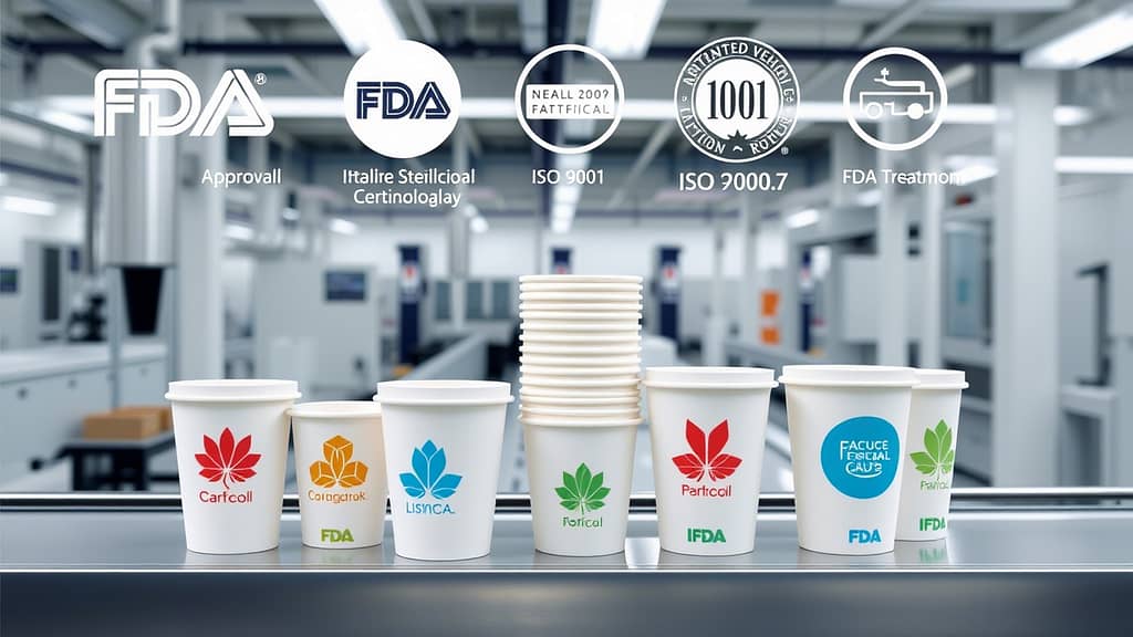 Paper cup dengan logo berbagai merek, ditampilkan di pabrik bersih yang modern. Gambar menunjukkan sertifikasi seperti FDA Approval, ISO 9001, dan lainnya, menandakan kehigienisan dan standar kualitas tinggi.