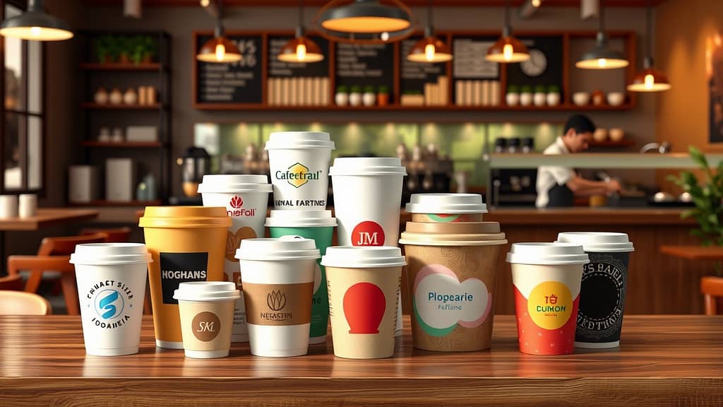 Berbagai jenis paper cup custom dengan desain unik dan warna-warni terlihat menarik di meja kafe, menunjukkan pentingnya branding melalui kemasan minuman.