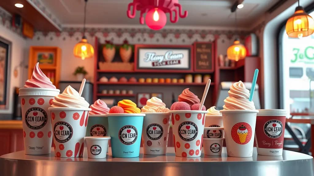 Berbagai varian ice cream cup dengan desain menarik, ukuran berbeda, dan toping warna-warni disusun rapi di atas meja. Setiap cup memiliki logo unik dan terlihat segar, cocok untuk bisnis kuliner es krim.
