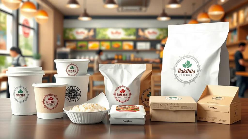Variasi packaging makanan takeaway berkualitas, termasuk cup kertas dengan logo, kotak karton, kantong plastik food grade, dan wadah nasi. Gambar ini menunjukkan pentingnya penggunaan packaging makanan yang aman dan profesional untuk bisnis kuliner.