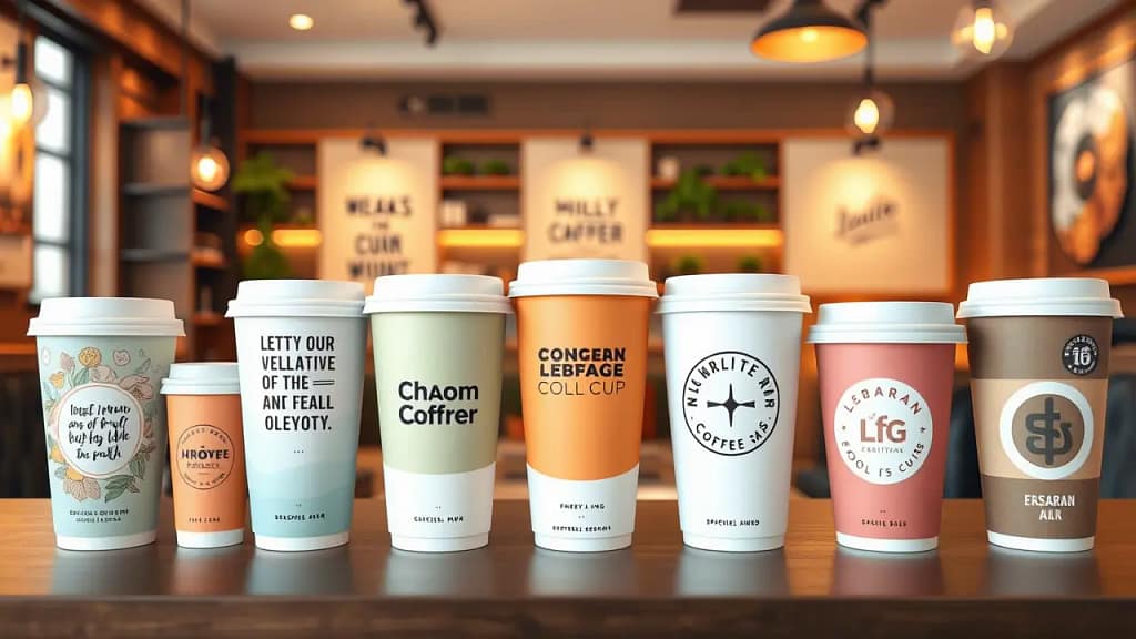 Berbagai paper cup custom dengan desain unik dan warna-warni ditempatkan di meja kayu dalam coffee shop modern. Setiap paper cup memiliki logo atau tulisan khas, menunjukkan keberagaman pilihan desain eksklusif untuk branding coffee shop.