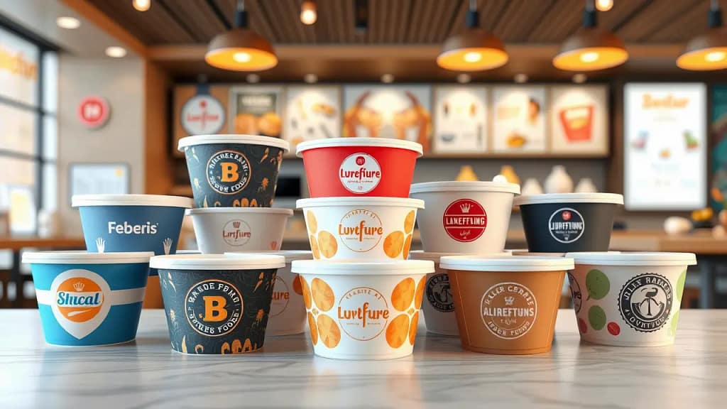 Berbagai macam paper bowl custom yang disusun rapi di atas meja restoran modern. Gambar menunjukkan paper bowl yang aman dan higienis dengan sertifikasi food grade serta desain kemasan yang menarik.