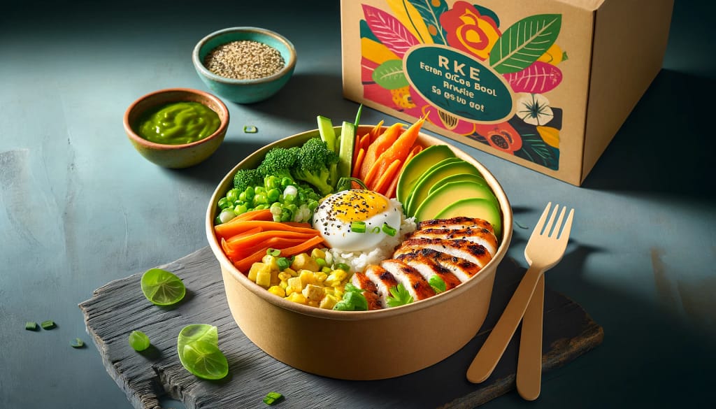 Rice bowl dengan berbagai macam varian dan kemasan menarik, menampilkan beras, sayuran segar, dan protein yang berkualitas dalam wadah kertas ramah lingkungan.