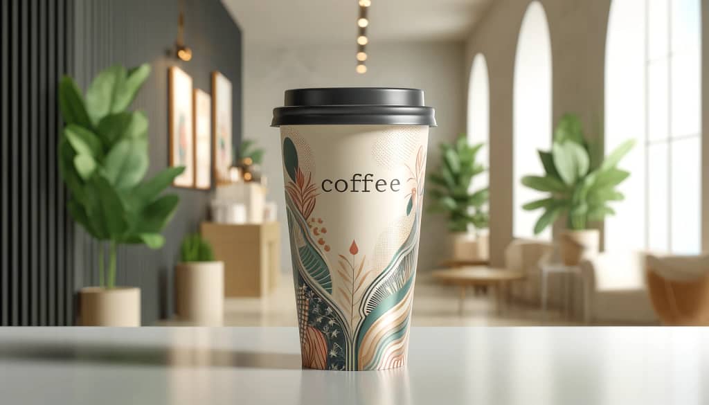 Desain stylish paper cup ramah lingkungan dengan kopi panas di atas meja, siap untuk dinikmati.