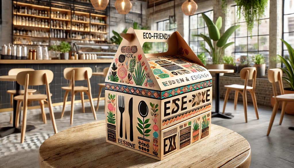 Gambar box makanan modern dan inovatif dengan desain motif yang menarik. Box ini terbuat dari material ramah lingkungan, dilengkapi fitur ergonomis untuk kemudahan penggunaan, dan dipisahkan menjadi beberapa bagian untuk memisahkan makanan. Cetakan warna yang vibrant dan teknologi cetak modern menampilkan branding custom dengan logo dan grafis berwarna-warni. Latar belakang menampilkan kafe trendi dengan elemen alami seperti tanaman dan meja kayu, menekankan tema eco-friendly. Desain box makanan ini cocok untuk meningkatkan branding bisnis kuliner.