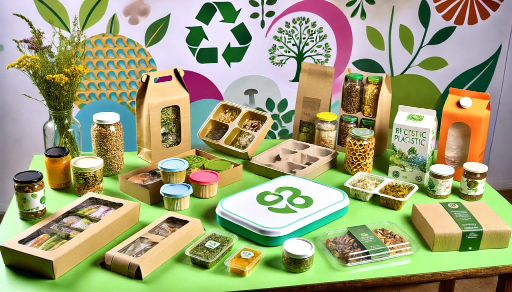 Jenis-jenis kemasan makanan ramah lingkungan di atas meja, termasuk kotak kertas daur ulang, wadah bioplastik, stoples kaca yang dapat digunakan kembali, dan kemasan inovatif dari bahan jamur dan ganggang, dengan latar belakang hijau bermotif alam.