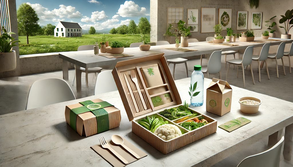 Desain kemasan ramah lingkungan untuk makanan dengan inovasi terbaru, termasuk kotak lipat dari kertas daur ulang yang dapat digunakan sebagai piring atau wadah penyimpanan. Kemasan ini berwarna natural dengan tekstur minimalis, dilengkapi dengan bagian khusus untuk peralatan makan dari bahan biodegradable. Latar belakang menampilkan suasana makan modern dengan elemen kayu dan hijau yang mendukung tema keberlanjutan.