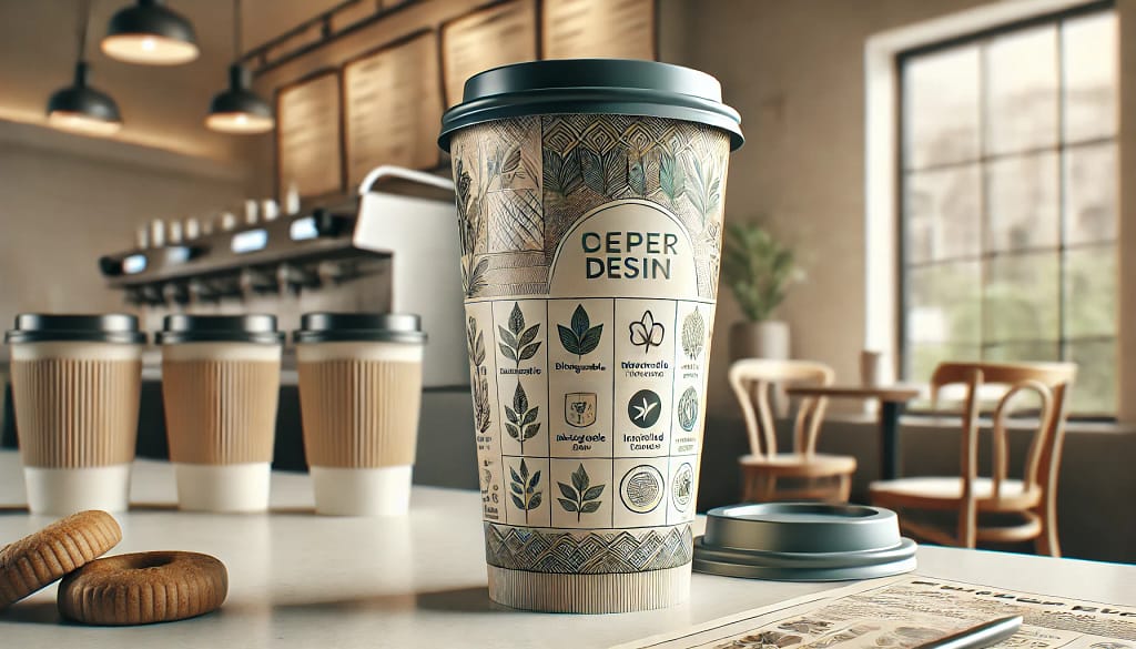 Gelas kertas modern dengan desain inovatif, menampilkan logo ramah lingkungan dan motif alami. Dilengkapi lapisan biodegradable, insulasi, dan penutup aman, cocok untuk kafe minimalis dan acara besar. Gambar menunjukkan gelas kertas di lingkungan kafe dengan fokus pada keberlanjutan dan tren desain kontemporer.