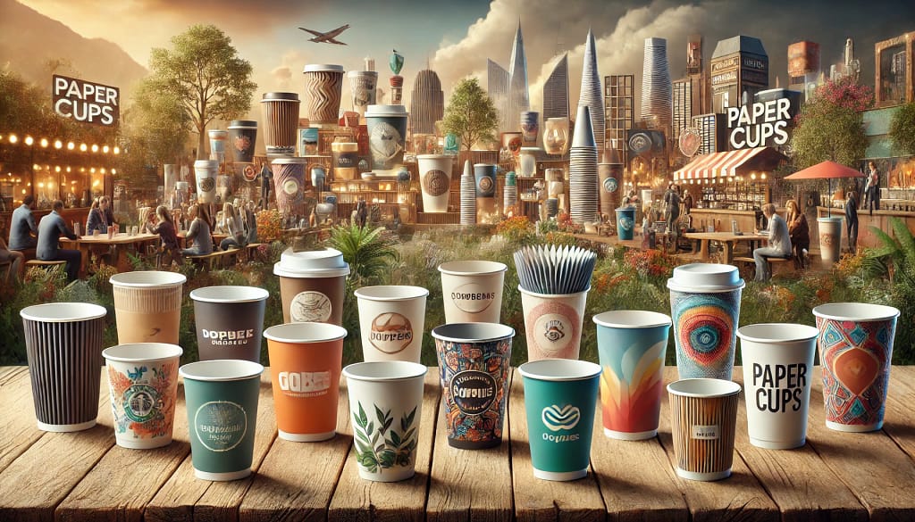 Gambar berbagai desain gelas kertas inovatif dengan motif modern, branding yang menarik, dan fitur ramah lingkungan. Latar belakang menampilkan berbagai acara, kegiatan, dan bisnis, menggambarkan penggunaan gelas kertas dalam konteks yang berbeda.