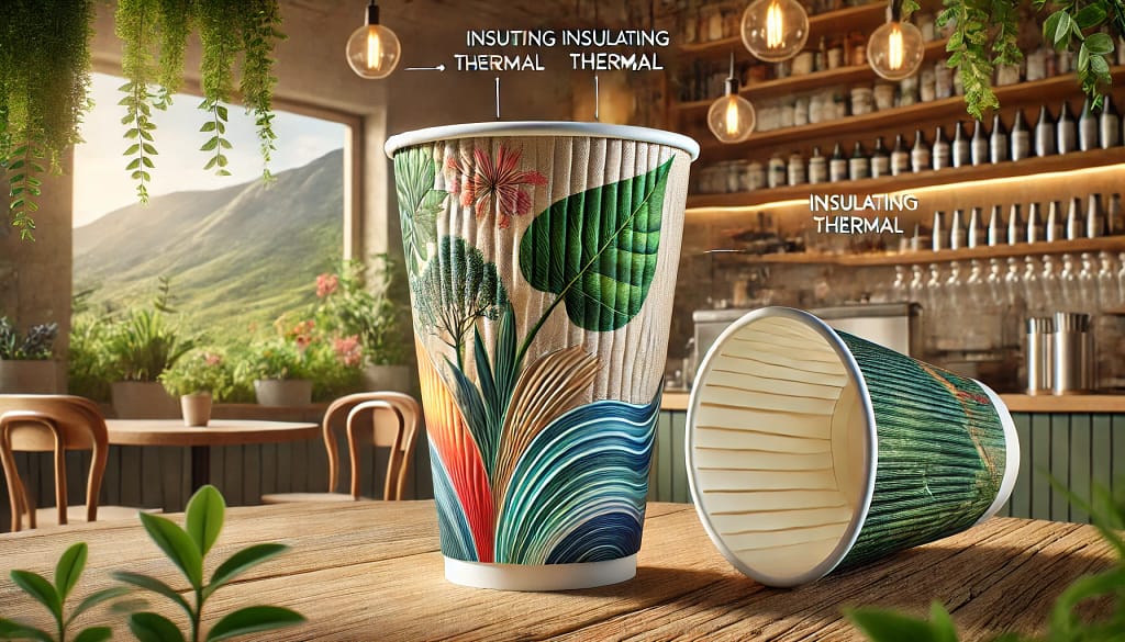 Desain inovatif gelas kertas modern dengan tekstur ergonomis dan lapisan isolasi termal, menampilkan motif ramah lingkungan di latar belakang kafe yang alami dan hangat.