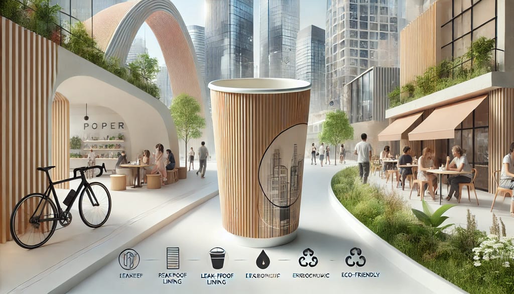 Gambar desain gelas kertas modern dengan fitur inovatif seperti lapisan anti-bocor, pegangan ergonomis, dan bahan ramah lingkungan. Latar belakang menunjukkan kehidupan urban modern dengan orang-orang menikmati minuman, mencerminkan gaya hidup sehat dan berkelanjutan.