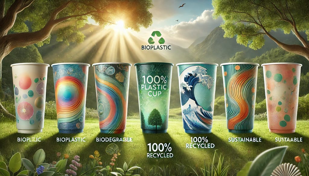Gambar menampilkan berbagai desain gelas plastik ramah lingkungan dengan inovasi terbaru, termasuk gelas bioplastik, gelas dari 100% material daur ulang, dan gelas biodegradable. Masing-masing gelas memiliki motif alami seperti daun dan gelombang, dengan latar belakang hijau yang menekankan tema keberlanjutan. Fitur-fitur seperti "biodegradable", "100% recycled", dan "sustainable" juga terlihat pada desain, memperkuat pesan ramah lingkungan.