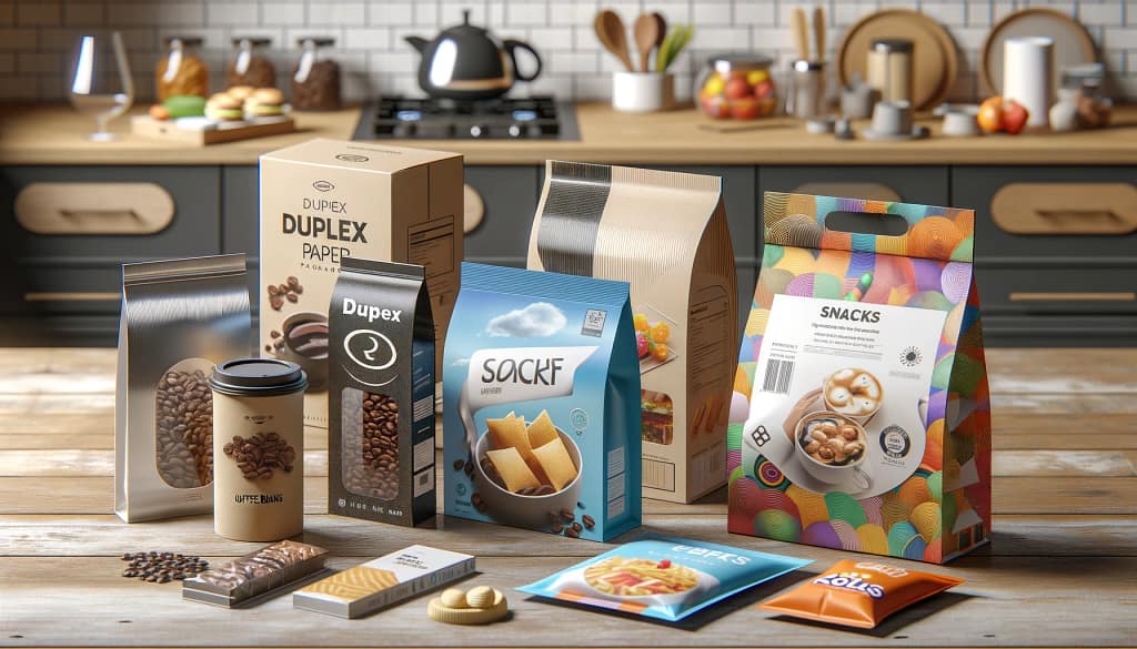 Beragam jenis kemasan kertas duplex untuk makanan dan minuman, termasuk kemasan kopi, makanan ringan, dan makanan beku dengan desain inovatif dan fitur ramah lingkungan.