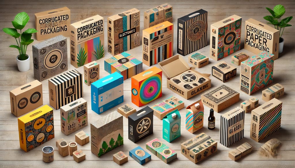 Gambar berbagai jenis kemasan kertas corrugated dengan desain unik dan menarik, termasuk kemasan untuk elektronik, makanan dan minuman, gelas, dan mainan, menampilkan motif eco-friendly dan tampilan yang beragam sesuai kebutuhan produk untuk perlindungan maksimal selama pengiriman.