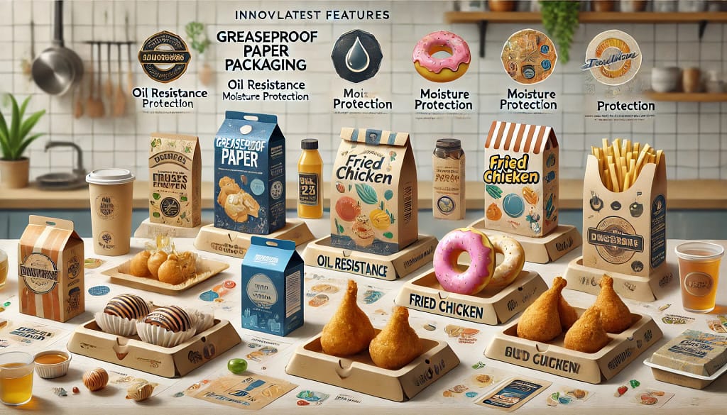 Ilustrasi berbagai jenis kemasan kertas greaseproof untuk makanan berminyak seperti donat, ayam goreng, dan kue, menampilkan fitur terbaru seperti ketahanan minyak dan bahan ramah lingkungan, dengan desain menarik di latar belakang dapur modern atau kafe.
