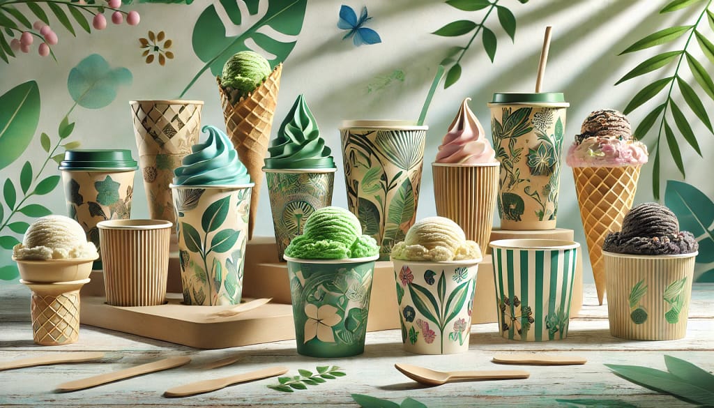 Beragam kemasan ice cream cup ramah lingkungan dengan desain inovatif dan fitur berkelanjutan, menggunakan bahan biodegradable seperti kertas daur ulang dan bambu, serta motif alam yang menarik, ideal untuk konsumen peduli lingkungan.