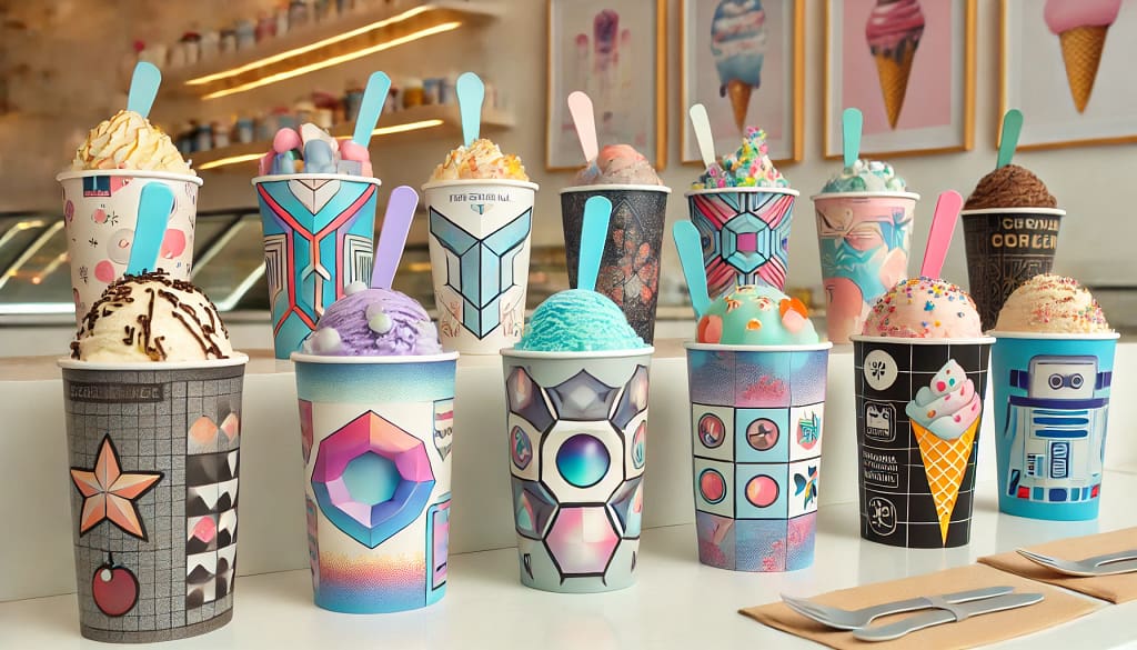Gambar berbagai ice cream cup kekinian dengan desain inovatif, termasuk bentuk geometris futuristik, warna cerah, motif kartun dan floral, serta bahan ramah lingkungan di latar belakang toko es krim modern yang instagrammable.