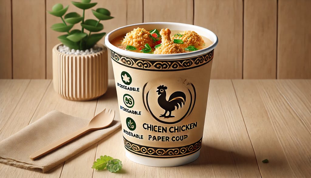 Gambar menunjukkan soup paper cup berdiameter lebar dan tinggi pendek, digunakan untuk sup ayam. Cup terbuka menampilkan sup modern dengan desain eco-friendly, logo ramah lingkungan, dan motif menarik, cocok untuk bisnis kuliner yang mendukung keberlanjutan.