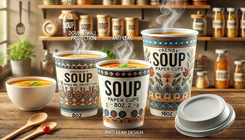 Macam-macam soup paper cup kekinian dengan berbagai ukuran (8oz, 12oz, 16oz), menampilkan sup panas di dalamnya dengan tutup cup di samping. Fitur inovatif seperti lapisan ganda anti bocor dan bahan ramah lingkungan terlihat jelas, dengan desain motif modern yang menarik. Latar belakang berupa restoran atau dapur yang hangat, cocok untuk bisnis kuliner yang menyajikan sup.