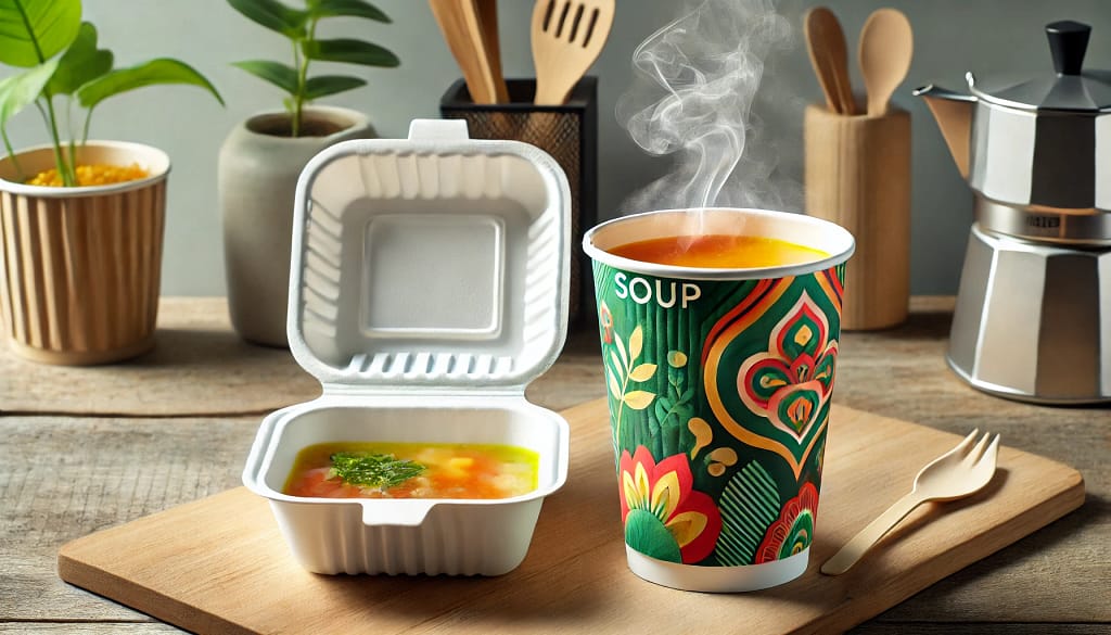 Gambar menunjukkan perbandingan antara soup paper cup ramah lingkungan dengan motif modern berisi sup panas, dan kotak styrofoam tradisional dari Indonesia. Latar belakang menampilkan suasana minimalis dengan tema keberlanjutan, menggambarkan inovasi terbaru dalam kemasan makanan ramah lingkungan.