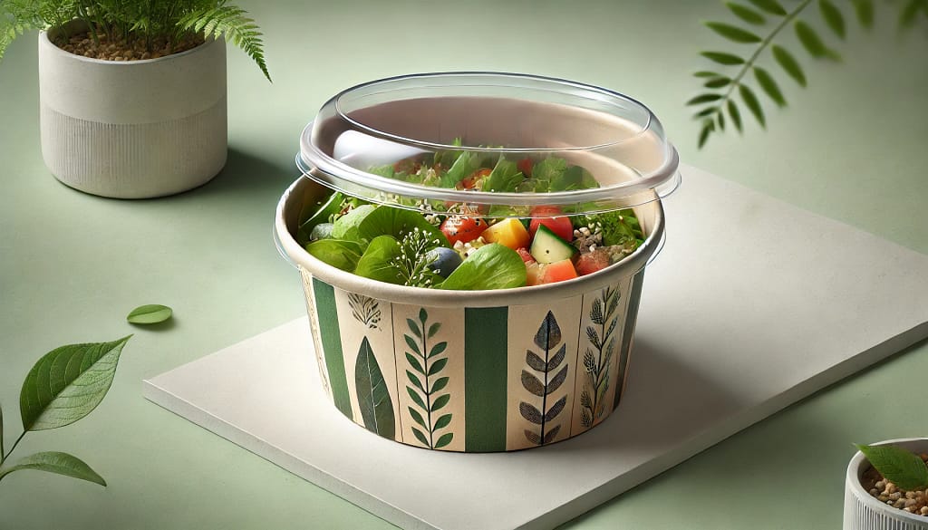 Gambar menunjukkan paper bowl modern dengan tutupnya, menampilkan desain motif alami dengan warna bumi yang menekankan keberlanjutan. Paper bowl ini berisi makanan segar dan sehat, dilengkapi fitur anti-bocor serta bahan biodegradable. Background gambar bernuansa alam dengan warna hijau lembut, menegaskan tema ramah lingkungan dan kesehatan.