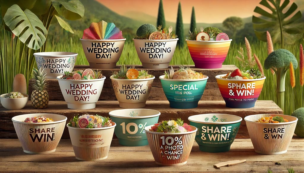 Gambar berbagai desain paper bowl kekinian dengan warna-warna cerah dan menarik, menampilkan personalisasi untuk pernikahan, pesan promosi seperti "Limited Edition" dan "10% off with this bowl!", serta pesan giveaway "Share & Win!". Latar belakang bernuansa alami dengan tanaman hijau dan tekstur kayu ramah lingkungan.