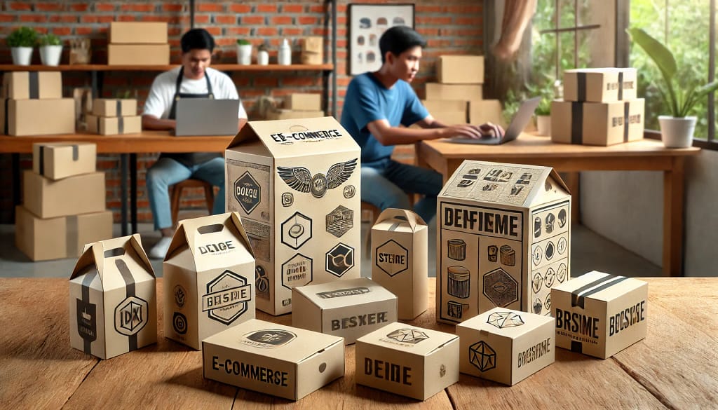 Gambar menampilkan berbagai jenis paper box modern dengan desain dan logo menarik di atas meja kayu, dengan latar belakang aktivitas bisnis rumahan UMKM di Indonesia, di mana para karyawan laki-laki sedang bekerja, menggambarkan kesibukan penjualan e-commerce.