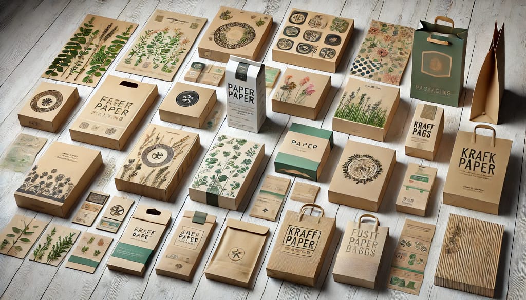 Gambar menunjukkan berbagai jenis kemasan kertas modern dengan fitur inovatif, termasuk kotak ramah lingkungan, tas kertas kraft, dan kotak lipat dengan desain menarik serta lapisan food-safe. Latar belakangnya mengandung elemen alami seperti tekstur kayu dan tanaman hijau, menekankan tema ramah lingkungan.