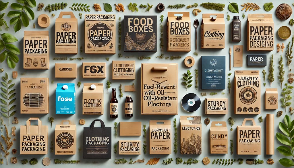 Beragam desain paper packaging dengan logo produk yang menarik untuk branding, termasuk kotak makanan tahan minyak, kemasan pakaian ringan, kemasan elektronik kokoh, dan kemasan bertekstur mewah. Latar belakang menampilkan elemen alami seperti daun dan tekstur kayu, menciptakan nuansa ramah lingkungan yang mendukung tema kemasan berkelanjutan.