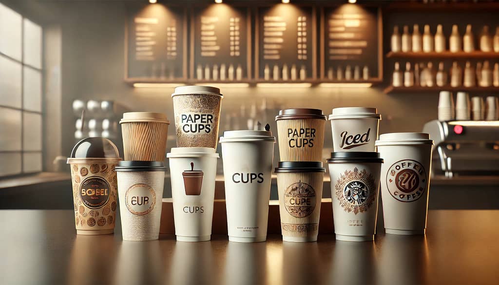 Gambar 3D menampilkan berbagai paper cup berkualitas untuk minuman panas dan dingin dengan desain logo menarik. Latar belakang berupa kafe mendukung tema bisnis minuman.