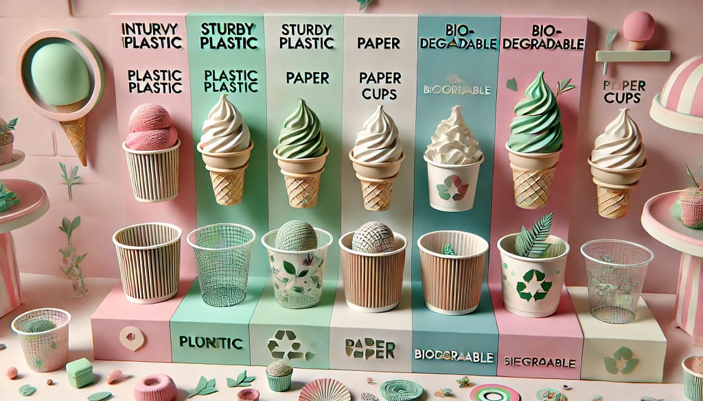 Gambar 3D enam ice cream cup dengan fitur inovatif: dua cup plastik berkilau, dua cup kertas dengan label ramah lingkungan, dan dua cup biodegradable bermotif alami. Cup disusun dalam latar toko dessert bertema pastel yang menarik.
