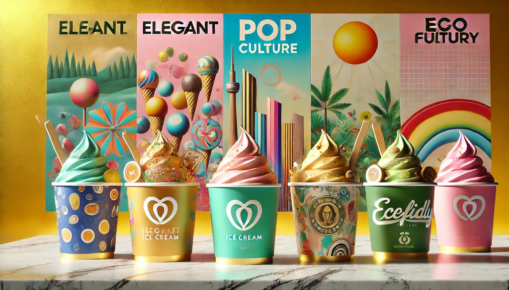 Ilustrasi 3D ice cream cup kekinian dengan tema elegan, pop culture, dan ramah lingkungan. Desain elegan menampilkan warna pastel cerah dan aksen emas, tema pop culture dengan warna berani dan motif animasi, serta tema ramah lingkungan dengan bahan daur ulang dan nuansa alam. Latar belakang mencerminkan keunikan tiap tema: meja marmer berkilau untuk desain elegan, mural urban penuh warna untuk tema pop culture, dan hutan cerah untuk tema ramah lingkungan. Gambar ini cocok untuk branding bisnis kuliner di Indonesia.