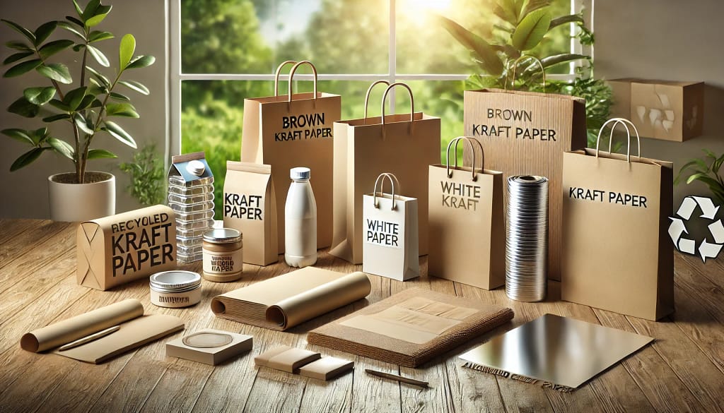 Ilustrasi 3D yang menampilkan berbagai jenis kertas kraft di atas meja kayu dengan contoh penggunaannya: Kertas Kraft Coklat untuk kantong belanja dan karton bergelombang, Kertas Kraft Putih untuk kemasan kosmetik dan hadiah, Kertas Kraft Laminasi untuk pembungkus makanan, Kertas Kraft Daur Ulang untuk produk ramah lingkungan, dan Kertas Kraft Berlapis Aluminium untuk kemasan makanan dan minuman. Latar belakang alami dengan pencahayaan lembut dan elemen hijau menonjolkan tema ramah lingkungan.