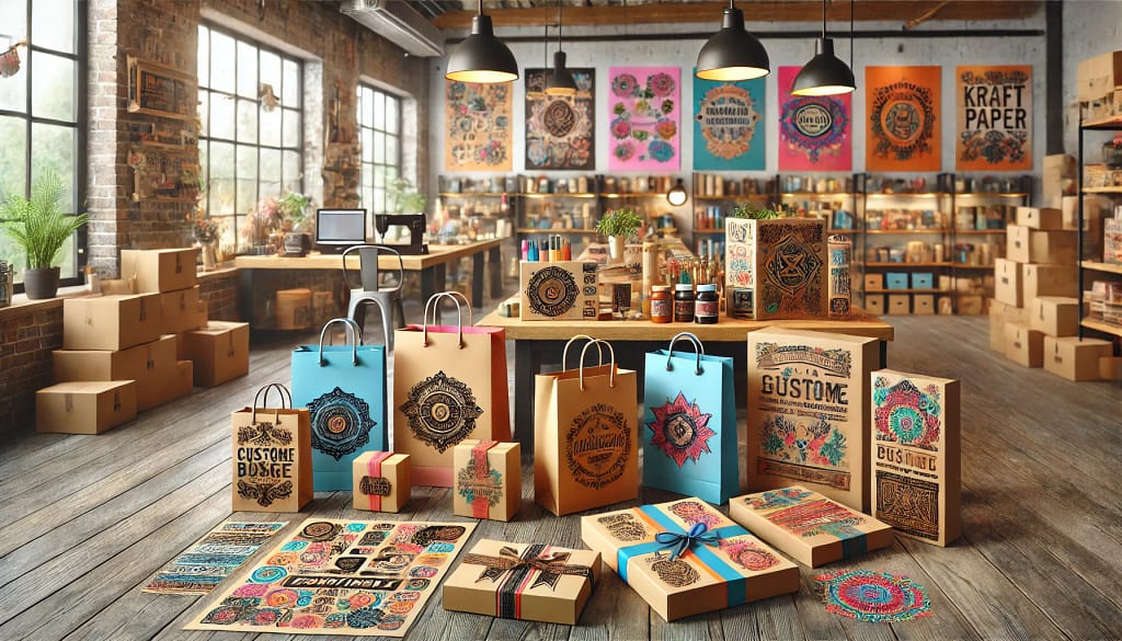 Beragam desain kreatif kemasan kertas kraft untuk bisnis, menampilkan tas kertas dengan stempel berwarna, kotak dengan pita dekoratif, dan pola cetak menarik di lingkungan toko yang profesional dan hangat. Inspirasi packaging yang ramah lingkungan dan estetis untuk branding bisnis Anda.