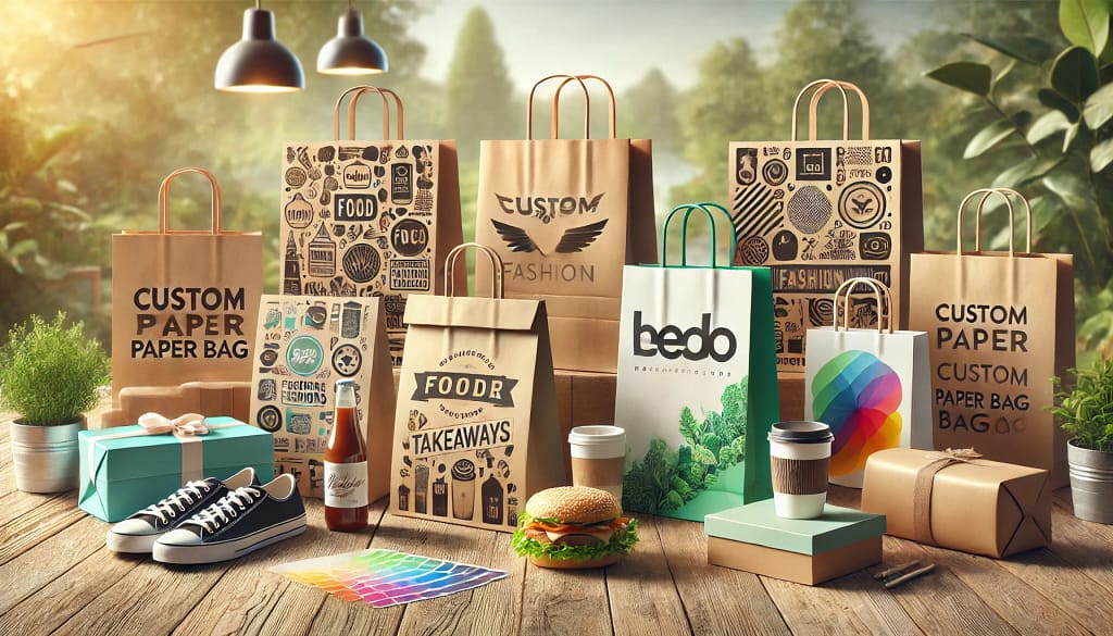 Berbagai jenis paper bag custom untuk kebutuhan berbeda: tas kraft cokelat dengan desain makanan, tas putih minimalis untuk fashion, tas berwarna cerah dengan motif dinamis untuk belanja retail, dan tas hijau bertema ramah lingkungan dengan motif tanaman. Gambar ini menampilkan latar alami dan meja kayu, menciptakan nuansa hangat dan estetika eco-friendly yang menarik.
