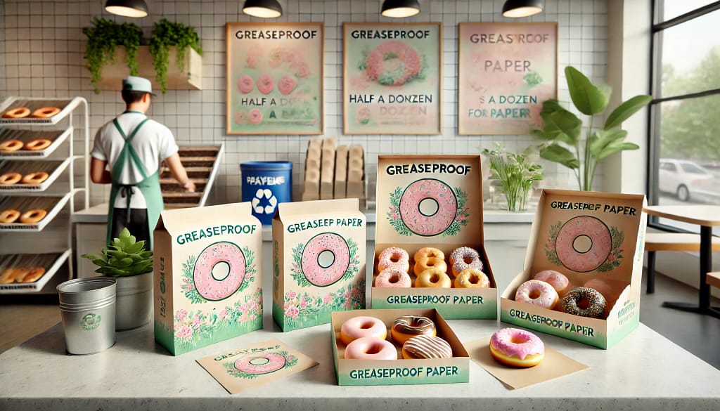 Interior toko donat modern dengan suasana ramah lingkungan. Gambar menampilkan berbagai penggunaan kertas greaseproof ramah lingkungan, seperti pembungkus donat satuan, kotak donat setengah lusin dan lusin penuh yang dilapisi kertas greaseproof, serta kertas greaseproof sebagai alas nampan. Desain kertas memiliki logo yang disesuaikan dengan gaya restoran donat khas Indonesia dan pola pastel yang menarik. Seorang pegawai laki-laki sedang menyiapkan pesanan donat, menonjolkan fungsi kertas greaseproof yang serbaguna. Latar belakang meliputi dekorasi hijau, poster edukasi ramah lingkungan, dan tempat daur ulang khusus kertas. Warna pastel lembut dan elemen alami menciptakan nuansa modern dan berkelanjutan.