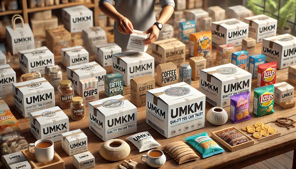 Ilustrasi 3D realistis yang menunjukkan proses pengemasan berbagai produk UMKM ke dalam kotak kertas duplex di atas meja kayu. Setiap kotak memiliki desain khusus dengan logo perusahaan dan slogan seperti 'Quality You Can Trust' atau 'Crafted with Care' yang dicetak pada sisi putih halus dari kertas duplex. Produk yang dikemas meliputi keripik, biskuit, kue tradisional seperti nastar dan kastengel, kopi bubuk, teh celup, botol sambal, tas anyaman, perhiasan buatan tangan, serta vas keramik kecil. Tangan penjual terlihat sedang mengemas produk ke dalam kotak yang telah dihias, sementara beberapa kotak yang sudah selesai tertata rapi di sampingnya. Latar belakang menampilkan rak-rak kabur yang dipenuhi produk UMKM lain dengan kemasan serupa, menciptakan suasana profesional dan penuh warna.