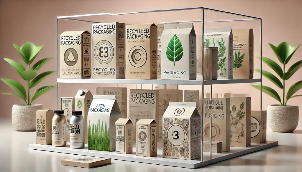 Ilustrasi 3D etalase modern menampilkan kemasan produk inovatif. Terdapat kemasan ramah lingkungan berbahan karton daur ulang dengan logo daun hijau, kemasan minimalis berwarna netral seperti putih dan beige dengan font sederhana, kemasan transparan sebagian yang menampilkan isi produk, kemasan dengan tipografi besar dan mencolok, serta kemasan dengan ilustrasi unik bergaya hand-drawn. Latar belakang berwarna pastel lembut dengan bayangan halus menonjolkan kesan kreatif dan tren desain kemasan terkini.