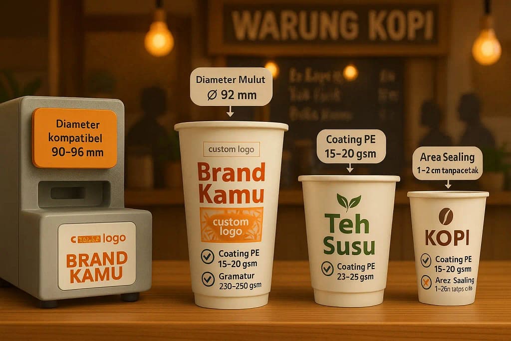 Paper cup kopi dan teh susu dengan opsi custom logo; diameter mulut 92 mm, coating PE, gramatur 230–250 gsm, cocok untuk mesin sealer