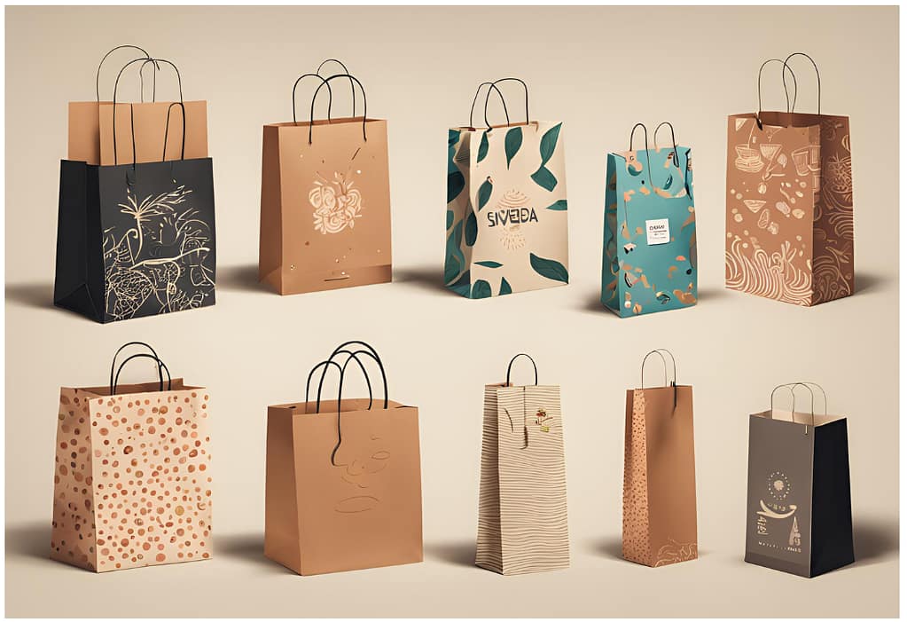 berbagai jenis paper bag kemasan makanan yang ramah lingkungan, termasuk kemasan kertas roti dan paper bag kraft, dengan desain unik dan menarik.