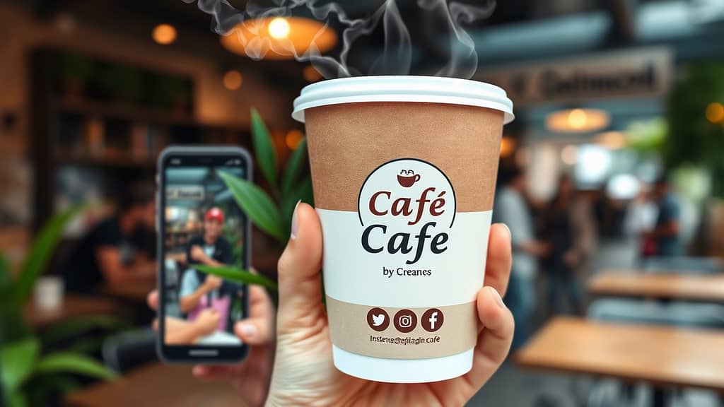 Gambar paper cup custom dengan logo dan nama sebuah café dengan desain modern dan warna estetik terlihat di tengah frame, dikelilingi oleh elemen-elemen pendukung seperti kopi yang mengepul, daun hijau (melambangkan eco-friendly), kamera smartphone yang mengarah ke cup (Instagramable), dan ikon media sosial seperti Instagram dan Facebook dengan mencantumkan nama akun Instagram dan Facebook sebuah cafe yaitu "@café" yang tercetak pada paper cup tersebut. Di sisi lain, ada tangan pelanggan yang sedang memegang paper cup tersebut dengan latar belakang suasana café cozy atau outdoor yang ramai.