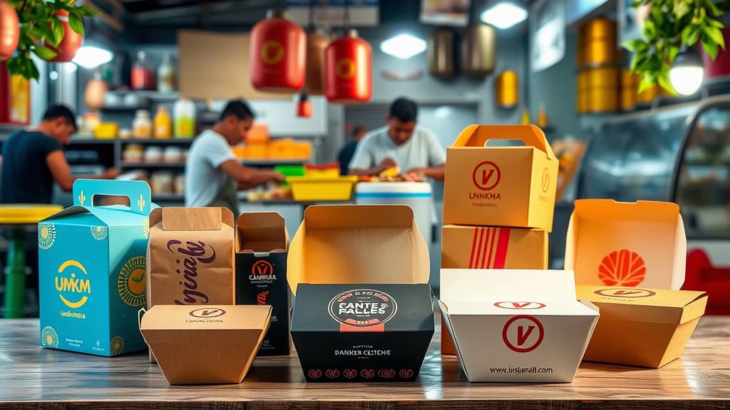 Berbagai jenis paper lunch box dengan desain custom berjejer di atas meja kayu. Kotak-kotak ini memiliki warna cerah seperti biru, kuning, hitam, dan putih, serta dilengkapi dengan logo dan branding unik. Di latar belakang, terlihat dapur restoran dengan para karyawan sibuk mempersiapkan makanan. Lampu gantung merah dan dekorasi hijau menambah kesan modern dan profesional.