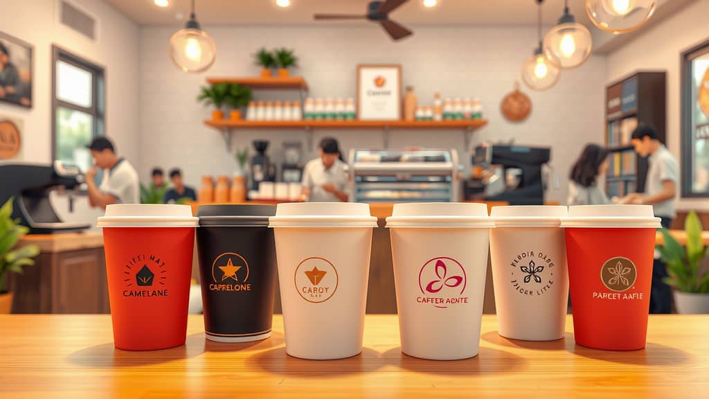 Sebuah barisan paper cup dengan logo berbagai brand minuman terlihat di atas meja kayu. Setiap paper cup memiliki desain warna dan logo unik, menunjukkan pentingnya branding melalui kemasan ramah lingkungan. Di latar belakang, terlihat suasana café modern dengan para pelanggan dan staf yang sibuk.