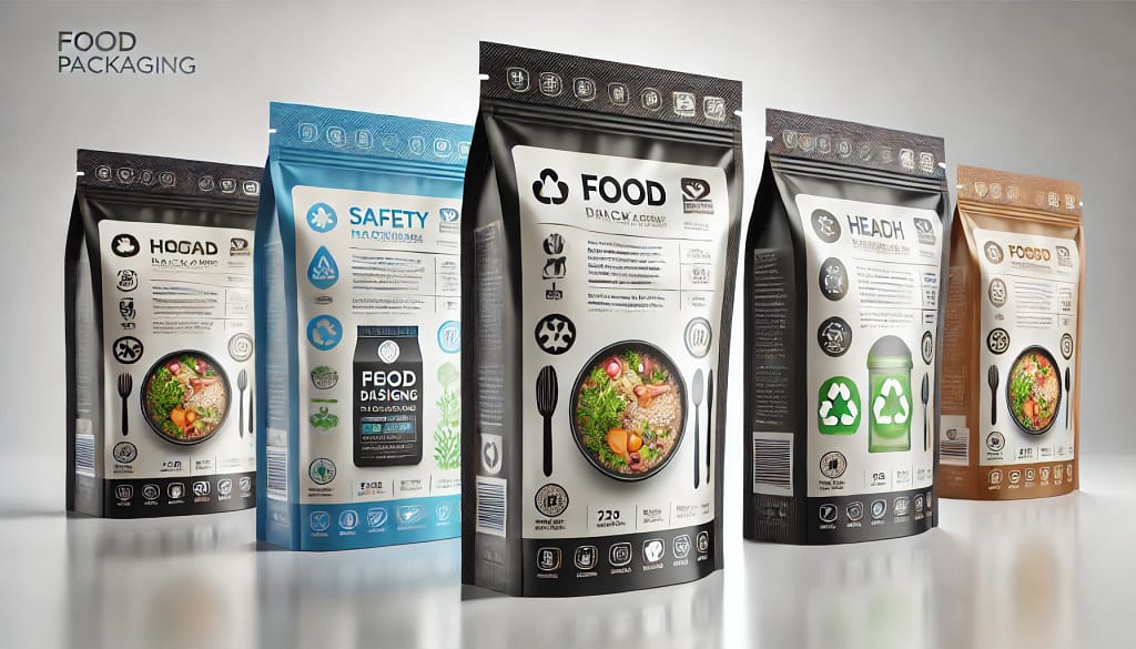 Kemasan makanan modern dan berkualitas dengan desain menarik. Kemasan menampilkan bahan daur ulang dan logo biodegradable, serta bagian transparan untuk melihat makanan di dalamnya. Menggunakan warna-warna cerah dan font profesional untuk detail produk, serta logo kecil yang menonjolkan keberlanjutan dan kesehatan.