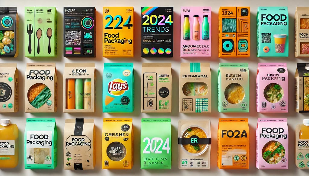 Desain kemasan makanan terbaru tahun 2024 menampilkan warna mencolok seperti neon hijau, oranye, dan pink dengan grafis minimalis dan geometris. Beberapa kemasan menggunakan teknologi Augmented Reality (AR) untuk pengalaman interaktif. Bahan ramah lingkungan seperti kertas daur ulang dan plastik biodegradable digunakan, dengan label yang jelas. Kemasan juga dipersonalisasi dengan nama dan pesan khusus, mencerminkan estetika modern, teknologi canggih, dan keberlanjutan.